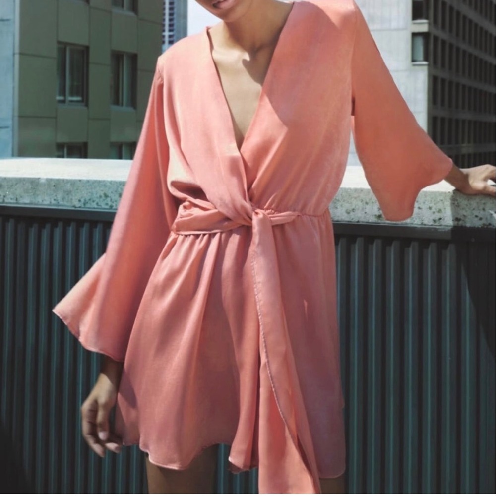 Zara Women's M Satin Effect Romper Dusty Rose Pink Wrap Tie Waist Long Sleeve
